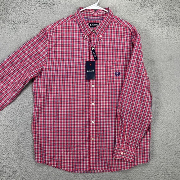 Chaps Easy Care Button Down Shirt Adult XL Pink Blue Plaid Pocket Logo Mens NEW
